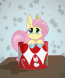 Size: 1000x1185 | Tagged: safe, artist:pagophasia, derpibooru exclusive, derpibooru import, fluttershy, pegasus, pony, blushing, candy, candy cane, colored hooves, cup, cup of pony, cute, female, food, impossibly long eyelashes, looking at you, micro, mug, shyabetes, simple background, smiling, smiling at you, snow, snowflake, snowman, snowpony, solo, table, tree, unshorn fetlocks, vignette