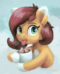 Size: 2082x2558 | Tagged: safe, artist:aemantaslim, derpibooru import, oc, oc only, oc:cream crackers, earth pony, pony, abstract background, drink, earth pony oc, female, looking at you, mare, mug, solo, tongue, tongue out