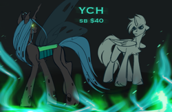 Size: 2479x1620 | Tagged: safe, artist:enderbee, derpibooru import, queen chrysalis, oc, alicorn, earth pony, pegasus, pony, unicorn, antagonist, butt, canon x oc, commission, evil, fire, full body, plot, simple background, standing, your character here