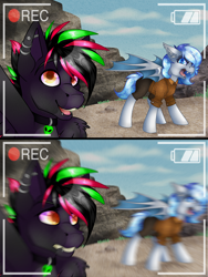 Size: 3000x4000 | Tagged: safe, artist:chvrchgrim, derpibooru import, oc, oc only, oc:krypt, oc:peace keeper, bat pony, pegasus, pony, 2 panel comic, bared teeth, bat pony oc, bat wings, blue eyes, blue hair, blurry background, camera, camera shot, comic, detailed background, ear piercing, emo, fangs, filming, hissing, lip piercing, motion blur, multicolored hair, orange eyes, pegasus oc, piercing, recording, wings