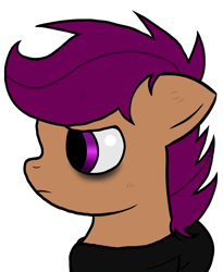 Size: 1924x2351 | Tagged: safe, artist:taeko, derpibooru import, scootaloo, pegasus, pony, fanfic:rainbow factory, 2022, absentia, clothes, ears, factory scootaloo, fanfic art, female, filly, floppy ears, foal, frown, hoodie, looking offscreen, side view, simple background, solo, transparent background