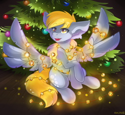 Size: 1880x1732 | Tagged: safe, artist:yuris, derpibooru import, derpy hooves, ditzy doo, pegasus, pony, christmas, christmas tree, commission, ears back, female, garland, holiday, new year, open mouth, smiling, solo, spread wings, string lights, tree, wings