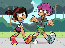 Size: 1280x961 | Tagged: safe, artist:charmegontus, derpibooru import, scootaloo, human, equestria girls, bush, clothes, converse, crossover, disney, duo, duo female, female, friends, grass, jacket, molly mcgee, shoes, shorts, sidewalk, sneakers, stroll, talking, the ghost and molly mcgee, tree, walking