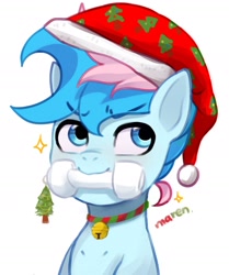 Size: 1586x1895 | Tagged: safe, artist:maren, derpibooru import, oc, oc only, oc:blue chewings, pony, chew toy, christmas, hat, holiday, mouth hold, santa hat, solo