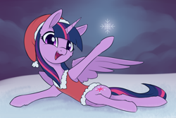 Size: 3208x2140 | Tagged: safe, artist:dusthiel, derpibooru import, twilight sparkle, twilight sparkle (alicorn), alicorn, pony, christmas, clothes, costume, female, hat, holiday, looking at you, mare, on side, open mouth, open smile, pose, santa costume, santa hat, smiling, smiling at you, solo