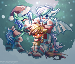 Size: 4536x3859 | Tagged: safe, artist:chaosangeldesu, derpibooru import, oc, oc:candy bits, oc:flaming hoof, oc:star breeze, bat pony, pegasus, pony, bat pony oc, clothes, snow, snowfall, socks, striped socks, wings, winter