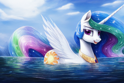 Size: 1920x1280 | Tagged: safe, derpibooru import, editor:dovakkins, generator:stable diffusion, machine learning generated, princess celestia, alicorn, pony, beautiful, cute, female, jewelry, looking at you, mare, missing accessory, open mouth, open smile, partially submerged, smiling, smiling at you, solo, sparkly mane, sparkly tail, spread wings, swanlestia, swimming, tail, water, wings