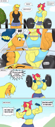 Size: 1333x3072 | Tagged: safe, artist:matchstickman, derpibooru import, apple bloom, applejack, anthro, earth pony, abs, apple bloom's bow, apple bloomed, apple brawn, applejacked, applerack, armpits, barbell, biceps, bow, breasts, close-up, clothes, comic, deltoids, dialogue, duo, eyes closed, female, fingerless gloves, flexing, gloves, grin, gritted teeth, hair bow, mare, matchstickman's apple brawn series, muscles, muscular female, older, older apple bloom, panting, pecs, shorts, sleeveless, smiling, speech bubble, teeth, thighs, thunder thighs, tumblr comic, tumblr:where the apple blossoms, weights