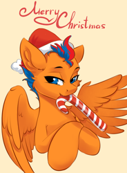 Size: 1472x2000 | Tagged: safe, artist:kittytitikitty, derpibooru import, oc, oc only, pegasus, pony, candy, candy cane, christmas, food, hat, holiday, pegasus oc, santa hat, solo