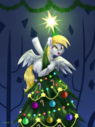 Size: 2250x3000 | Tagged: safe, artist:darksly, derpibooru import, derpy hooves, pegasus, pony, a hearth's warming tail, christmas, christmas lights, christmas tree, cute, derpabetes, derpy being derpy, derpy star, female, holiday, mare, open mouth, open smile, smiling, solo, stars, tree