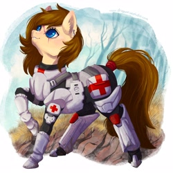 Size: 4000x4000 | Tagged: safe, derpibooru import, oc, oc only, oc:dusty heartwood, earth pony, pony, fallout equestria, armor, blue eyes, brown mane, fallout, hair over one eye, halo (series), medic, scar