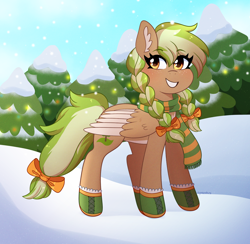 Size: 2678x2614 | Tagged: safe, artist:emera33, derpibooru import, oc, oc only, oc:sylvia evergreen, pegasus, pony, boots, braid, braided pigtails, chest fluff, clothes, ear fluff, ears, female, forest, freckles, hair tie, looking at you, mare, pegasus oc, pigtails, scarf, secret santa, shoes, smiling, snow, solo, tree, wings