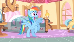 Size: 2560x1440 | Tagged: safe, derpibooru import, screencap, rainbow dash, pegasus, pony, party of one, season 1, bed, female, open mouth, solo