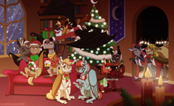 Size: 2352x1429 | Tagged: safe, artist:inuhoshi-to-darkpen, derpibooru import, oc, oc only, bat pony, pegasus, pony, bat pony oc, bookshelf, candle, christmas, christmas lights, christmas tree, clothes, door, holiday, open mouth, present, scarf, sofa, striped scarf, tree, window