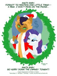 Size: 680x900 | Tagged: safe, artist:tim-kangaroo, derpibooru import, capper dapperpaws, rarity, abyssinian, pony, unicorn, bag, capperity, christmas, christmas wreath, clothes, costume, duo, female, hat, holiday, looking at each other, looking at someone, male, money bag, santa baby, santa costume, santa hat, shipping, simple background, smiling, straight, white background, wreath