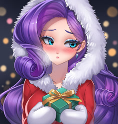 Size: 800x844 | Tagged: safe, alternate version, artist:racoonsan, derpibooru import, rarity, human, beautiful, blurry background, blushing, breasts, christmas, clothes, ear piercing, earring, eyebrows, eyebrows visible through hair, female, gloves, holiday, humanized, jewelry, looking at you, mittens, open mouth, piercing, present, solo