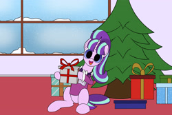 Size: 4890x3265 | Tagged: safe, derpibooru import, snowfall frost, starlight glimmer, pony, unicorn, christmas, christmas tree, gift giving, holiday, looking at you, present, sitting, smiling, smiling at you, snow, snowfall, solo, tree, window