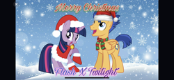 Size: 2532x1170 | Tagged: safe, derpibooru import, flash sentry, twilight sparkle, unicorn twilight, pegasus, pony, unicorn, christmas, clothes, costume, duo, female, flashlight, hat, holiday, male, mare, santa costume, santa hat, scarf, shipping, snow, snowfall, stallion, straight, striped scarf