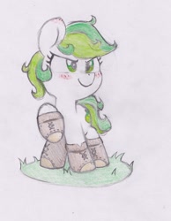 Size: 1508x1945 | Tagged: safe, artist:foxtrot3, derpibooru import, oc, oc only, oc:karakusa, earth pony, pony, boots, clothes, determined look, female, filly, foal, grass, pose, raised hoof, raised leg, shoes, smiling, solo, traditional art