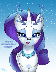 Size: 1400x1801 | Tagged: safe, artist:lennonblack, derpibooru import, rarity, deer, deer pony, original species, pony, reindeer, unicorn, antlers, bedroom eyes, bell, bell collar, bells, christmas, collar, cute, darling, dialogue, female, freckles, holiday, jingle bells, looking at you, mare, neck fluff, open mouth, open smile, raribetes, rarideer, reindeerified, smiling, solo, species swap, talking to viewer, text