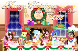 Size: 1797x1186 | Tagged: safe, artist:shinta-girl, derpibooru import, oc, oc only, oc:frozen rose, oc:shinta pony, oc:taekwon magic, angel, bird, aaron pony, antlers, bottle, bread, card, chair, christmas, christmas wreath, dinner, fire, fireplace, food, fork, gingerbread house, glass, group, happy new year, holiday, joshka, knife, merry christmas, pie, plate, present, red nose, salad, sitting, snow, snowfall, table, tongue, tongue out, turkey, window, wine bottle, wine glass, wreath