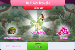 Size: 1270x858 | Tagged: safe, derpibooru import, spring glow, kirin, background character, background kirin, bundle, bush, cloven hooves, costs real money, english, female, gameloft, gem, glyph, horn, my little pony: magic princess, numbers, official, sale, solo, solo focus, text