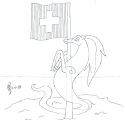 Size: 1972x1932 | Tagged: safe, artist:parclytaxel, derpibooru import, oc, oc only, oc:spindle, windigo, ain't never had friends like us, albumin flask, coiling, female, flag, flagpole, floating, jungfrau, lineart, monochrome, mountain, parcly taxel in europe, pencil drawing, smiling, snow, solo, story included, switzerland, traditional art, windigo oc