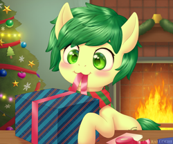 Size: 2420x2022 | Tagged: safe, artist:generalecchi, derpibooru import, oc, oc only, oc:emerald mask, pony, christmas, christmas tree, fire, fireplace, holiday, solo, tree