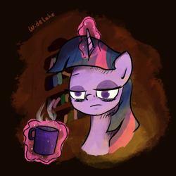 Size: 3000x3000 | Tagged: safe, artist:widelake, derpibooru import, twilight sparkle, pony, ambiguous race, black background, bust, dark background, library, lidded eyes, magic, magic aura, mug, night, simple background, sleepy, solo, telekinesis