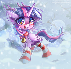 Size: 1050x1029 | Tagged: safe, artist:chaosangeldesu, derpibooru import, twilight sparkle, twilight sparkle (alicorn), alicorn, pony, bell, bell collar, blushing, christmas, christmas stocking, clothes, collar, cute, holiday, looking at you, smiling, smiling at you, snow, snowfall, socks, solo, striped socks, winter