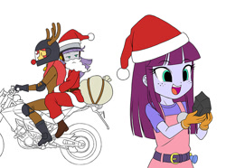 Size: 730x544 | Tagged: safe, artist:uotapo, derpibooru import, kimberlite, maud pie, sunset shimmer, equestria girls, christmas, clothes, costume, hat, helmet, holiday, motorcycle, santa costume, santa hat, smiling