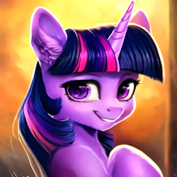 Size: 1080x1080 | Tagged: safe, derpibooru import, generator:purplesmart.ai, generator:stable diffusion, machine learning generated, twilight sparkle, pony, unicorn, smiling, solo