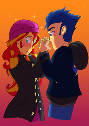 Size: 2895x4092 | Tagged: safe, artist:lmcrook, derpibooru import, flash sentry, sunset shimmer, equestria girls, blushing, clothes, female, flashimmer, gradient background, male, shipping, straight, winter, winter outfit