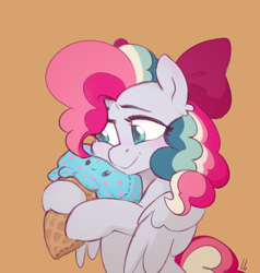 Size: 1648x1728 | Tagged: safe, artist:jewellier, derpibooru import, oc, oc only, oc:sky sorbet, pegasus, pony, bow, female, food, hair bow, ice cream, ice cream cone, mare, pegasus oc, plushie, simple background, solo