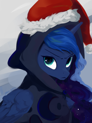 Size: 1800x2388 | Tagged: safe, artist:some_ponu, derpibooru import, princess luna, alicorn, pony, christmas, clothes, cute, frown, hat, holiday, hoodie, looking at you, santa hat, solo, unamused