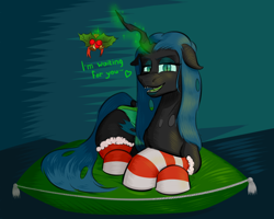 Size: 2500x2000 | Tagged: source needed, safe, artist:oldman, derpibooru import, queen chrysalis, changeling, changeling queen, christmas, christmas changeling, clothes, holiday, holly, holly mistaken for mistletoe, lying down, pillow, socks, solo, striped socks
