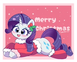 Size: 2048x1644 | Tagged: safe, artist:leo19969525, derpibooru import, rarity, pony, unicorn, blue eyes, blushing, christmas, christmas clothing, ears, ears up, female, hair, holiday, horn, lying down, mane, mare, open mouth, open smile, prone, smiling, solo, sploot, tail, text