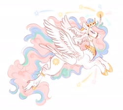 Size: 2048x1827 | Tagged: safe, artist:spicyybiscuit, derpibooru import, princess celestia, alicorn, pony, bridle, curved horn, eyes closed, flying, horn, multiple wings, solo, spread wings, tack, unshorn fetlocks, wing ears, wings