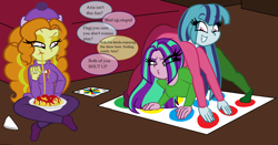 Size: 2392x1252 | Tagged: safe, artist:queentigrel, derpibooru import, adagio dazzle, aria blaze, sonata dusk, human, equestria girls, rainbow rocks, clothes, female, food, pasta, playing, spaghetti, speech bubble, the dazzlings, trio, trio female, twister, winter outfit