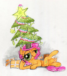 Size: 3525x4000 | Tagged: safe, artist:ja0822ck, derpibooru import, unicorn, christmas, christmas tree, holiday, present, traditional art, tree