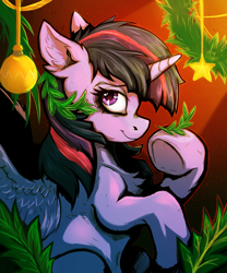 Size: 4167x5000 | Tagged: safe, artist:tatykin, derpibooru import, twilight sparkle, twilight sparkle (alicorn), alicorn, pony, absurd resolution, chest fluff, christmas, female, holiday, looking at you, mare, ornament, side view, solo