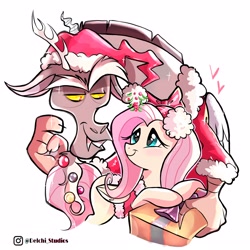 Size: 3000x3000 | Tagged: safe, artist:naquelinedelch2, derpibooru import, discord, fluttershy, draconequus, pegasus, pony, christmas, happy, hat, holiday, present, santa hat, smiling