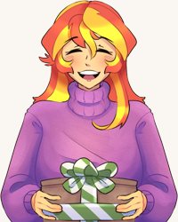 Size: 612x764 | Tagged: safe, artist:exvius, derpibooru import, sunset shimmer, human, equestria girls, christmas, clothes, eyes closed, holiday, open mouth, open smile, present, smiling, solo, sweater