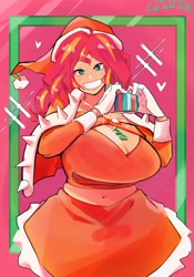 Size: 1400x2000 | Tagged: safe, artist:sozglitch, derpibooru import, sunset shimmer, human, belly button, big breasts, breasts, christmas, chubby, cleavage, clothes, dress, grin, hat, holiday, huge breasts, humanized, jewelry, looking at you, midriff, necklace, present, santa hat, smiling, smiling at you, solo, sunset jiggler