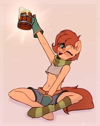 Size: 2754x3462 | Tagged: safe, artist:taneysha, derpibooru import, oc, oc only, oc:rusty gears, anthro, earth pony, unguligrade anthro, alcohol, art trade, beer, belly button, blushing, clothes, female, freckles, gloves, looking at you, midriff, mug, one eye closed, open mouth, open smile, short shirt, shorts, sitting, smiling, smiling at you, socks, solo, striped socks, wink, winking at you