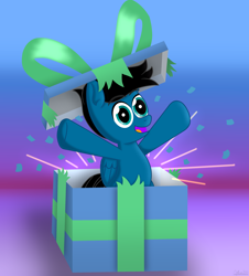 Size: 5974x6600 | Tagged: safe, artist:agkandphotomaker2000, derpibooru import, surprise, oc, oc only, oc:pony video maker, pegasus, pony, christmas, christmas gift, confetti, folded wings, hearts warming day, hidden inside a present, holiday, looking at you, present, simple background, wings