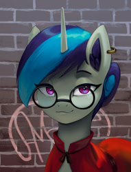 Size: 2154x2818 | Tagged: safe, artist:mrscroup, derpibooru import, oc, oc only, oc:astrum solus, unicorn, brick wall, cloak, clothes, ear fluff, ear piercing, earring, ears, glasses, graffiti, hair bun, horn, jewelry, looking at you, no source available, piercing, smug, unicorn oc