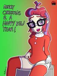 Size: 750x1000 | Tagged: safe, artist:thealjavis, derpibooru import, moondancer, equestria girls, christmas, clothes, costume, glasses, holiday, santa costume, socks, solo, stockings, thigh highs