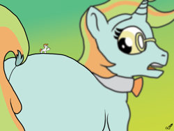 Size: 4179x3139 | Tagged: safe, artist:vanillabeam, derpibooru import, oc, oc:mint sorbet, pony, unicorn, bowtie, butt, dock, eyelashes, glasses, macro/micro, male, micro, plot, stallion, tail, tiny, tiny ponies