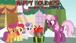 Size: 2063x1160 | Tagged: safe, artist:not-yet-a-brony, artist:valadrem, artist:vector-brony, derpibooru import, apple bloom, cheerilee, scootaloo, sweetie belle, earth pony, pegasus, pony, unicorn, 2022, christmas, cutie mark crusaders, female, filly, foal, happy holidays, holiday, mare, ponyville, present, student, teacher